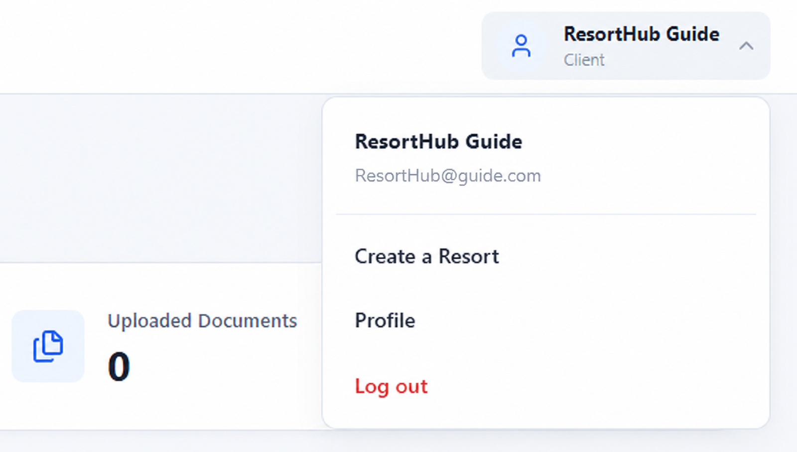 Client profile menu showing the Create a Resort option. The example account email is ResortHub@guide.com.